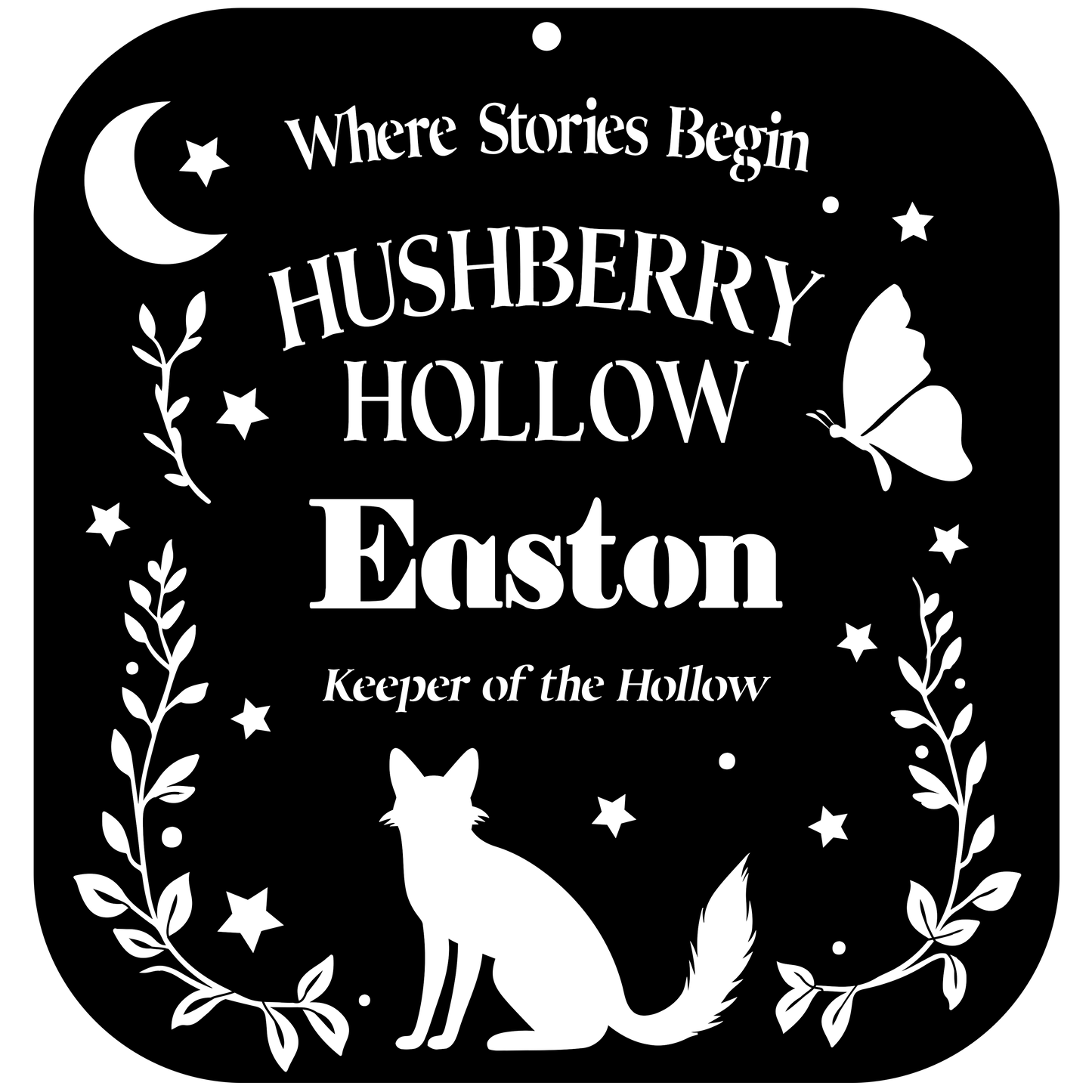 Decorative sign with 'Hushberry Hollow Easton' text and fox silhouette on a black background