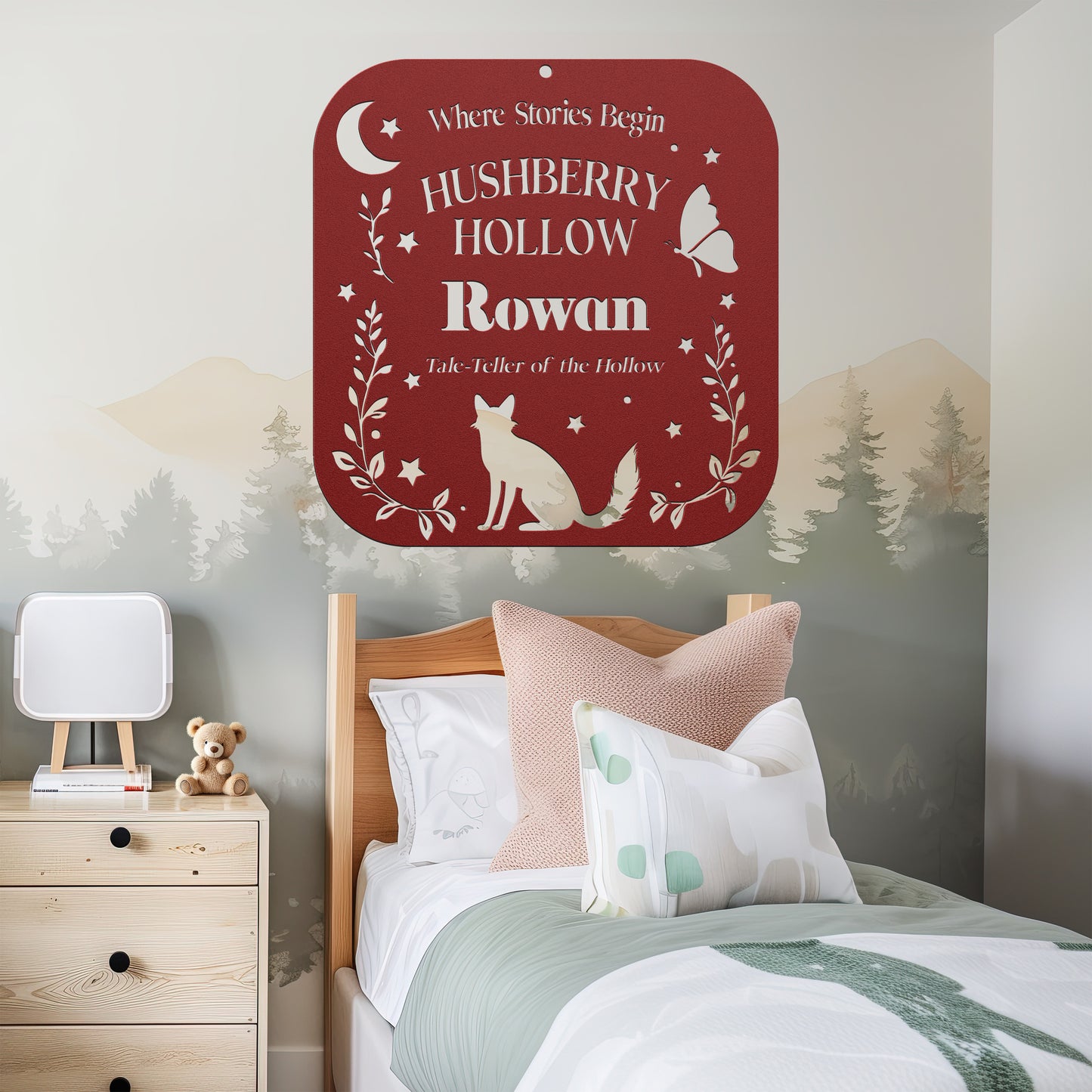 Decorative sign with 'Hushberry Hollow Rowan' in a bedroom setting.