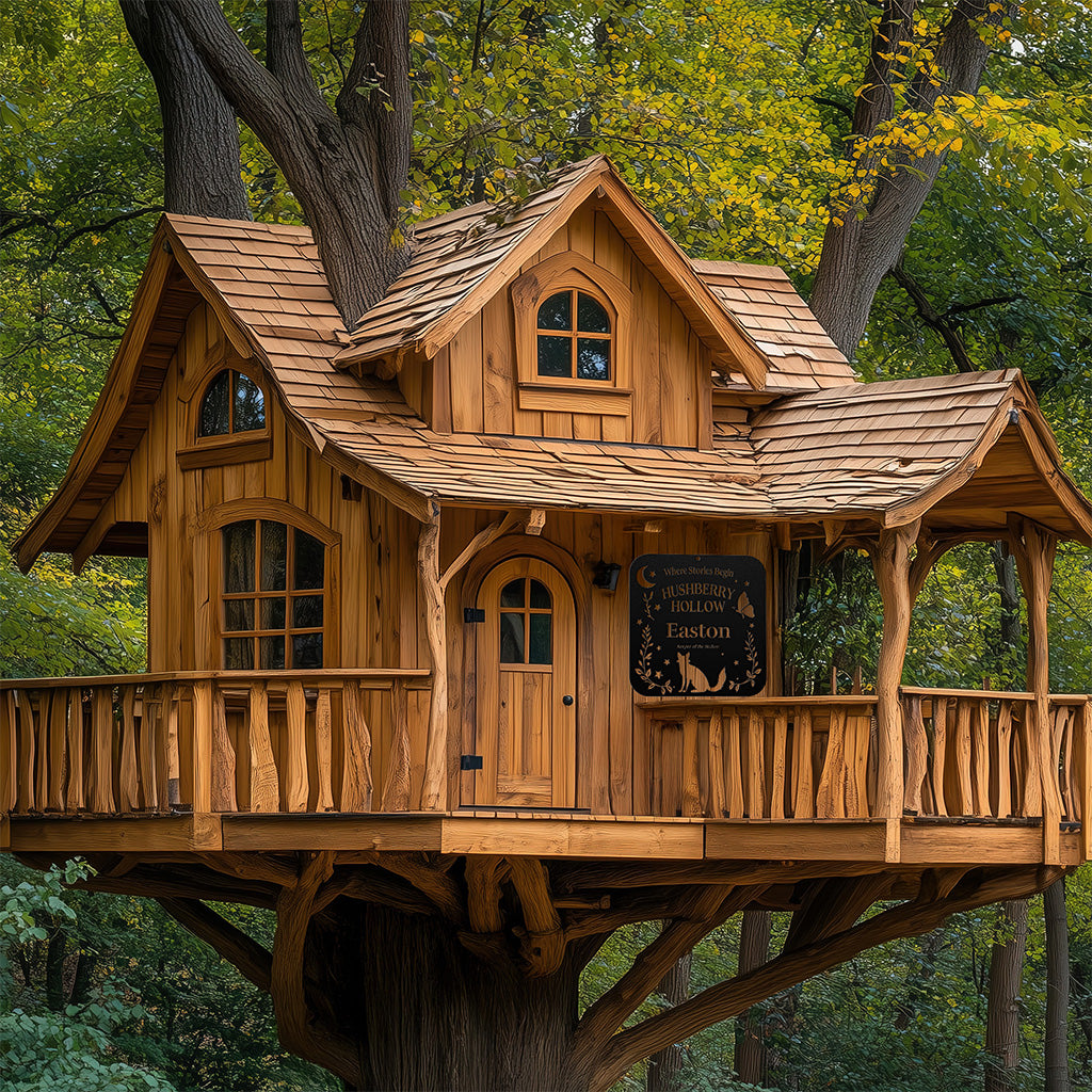 Wooden treehouse in a forest setting