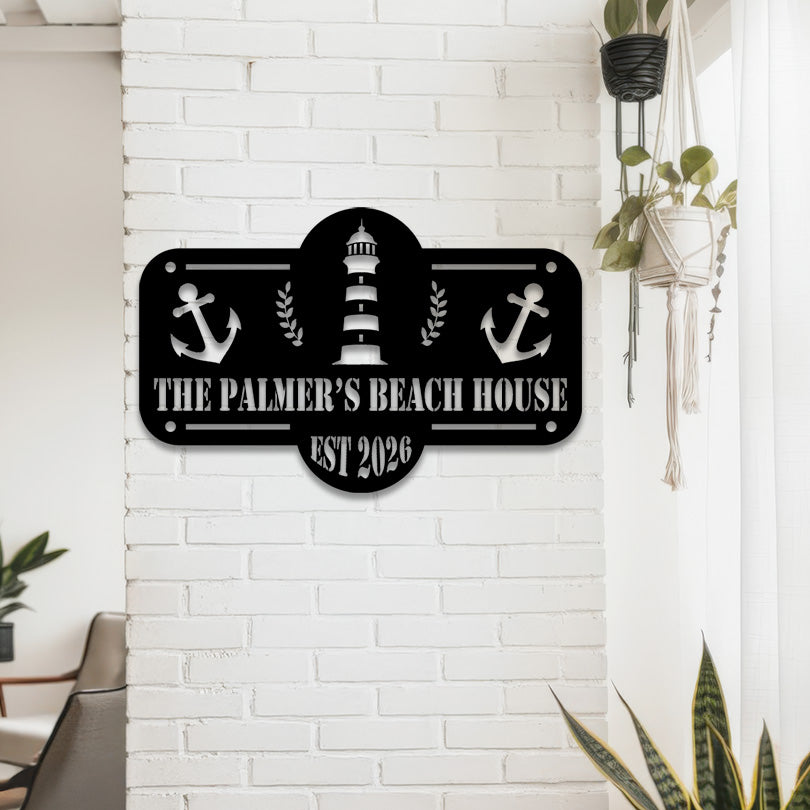 A cozy interior featuring a personalized black metal sign reading 'THE PALMER'S BEACH HOUSE EST 2026,' mounted on a white brick wall, surrounded by modern decor elements such as hanging plants. The accompanying text, titled 'Signs with Heart, Built for Adventure,' highlights the brand's passion for crafting meaningful and whimsical designs. Each sign is made with care and quality, perfect for adding a unique touch to homes or as special gifts, blending style and personalization effortlessly.