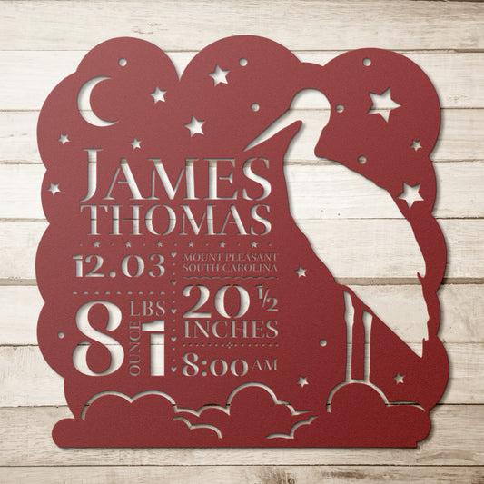 A custom decorative plaque with the name 'James Thomas' and birth details, mounted on a door frame, featuring a starry night design.