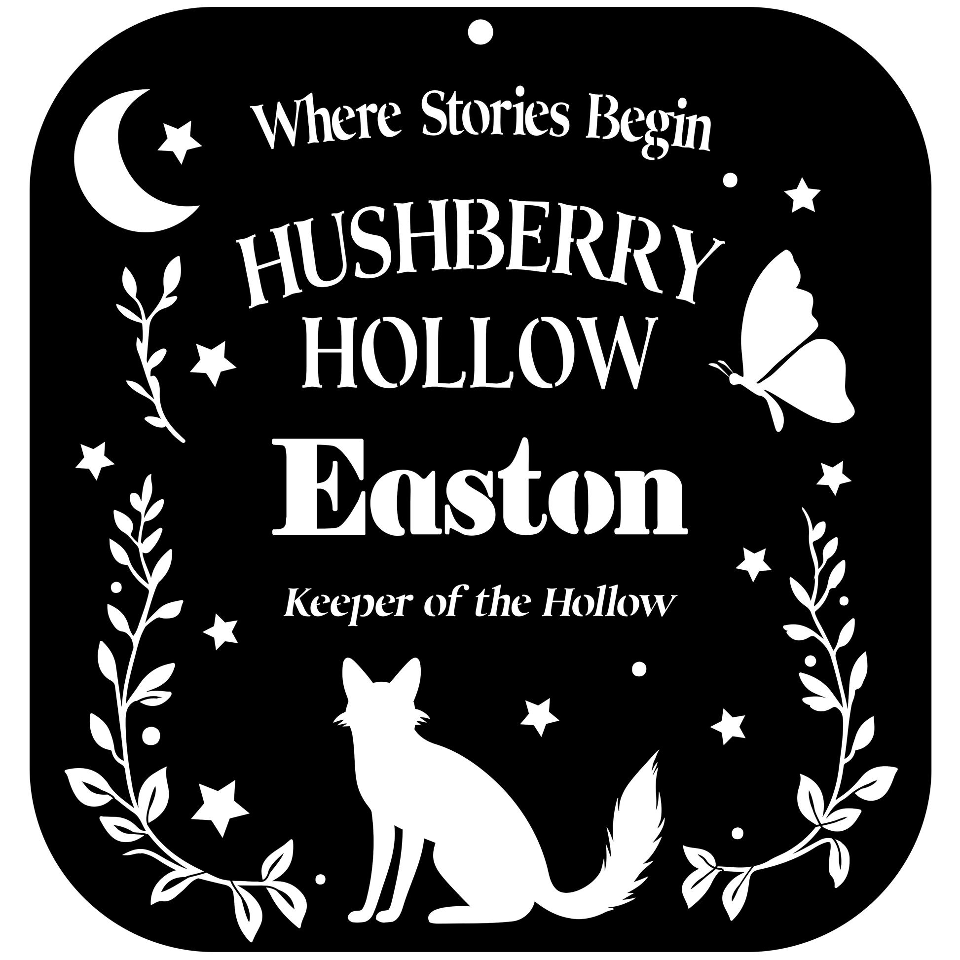 Decorative sign with 'Hushberry Hollow Easton' text and fox silhouette on a black background