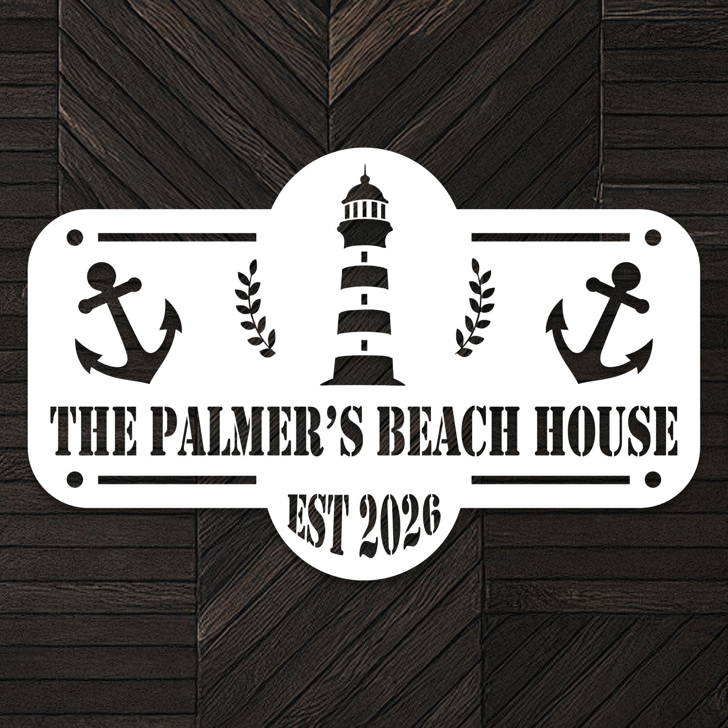 A personalized white metal sign reading 'THE PALMER'S BEACH HOUSE EST 2026,' featuring nautical elements such as a lighthouse and anchor designs, mounted on a dark wooden wall. The sign exemplifies customization options, allowing customers to personalize text, colors, and sizes to create a unique, one-of-a-kind decor piece. This image highlights the ability to tailor designs to match individual preferences, making it a perfect addition to any coastal-themed home or vacation retreat.