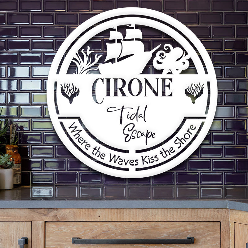 White metal sign on purple tile in a kitchen