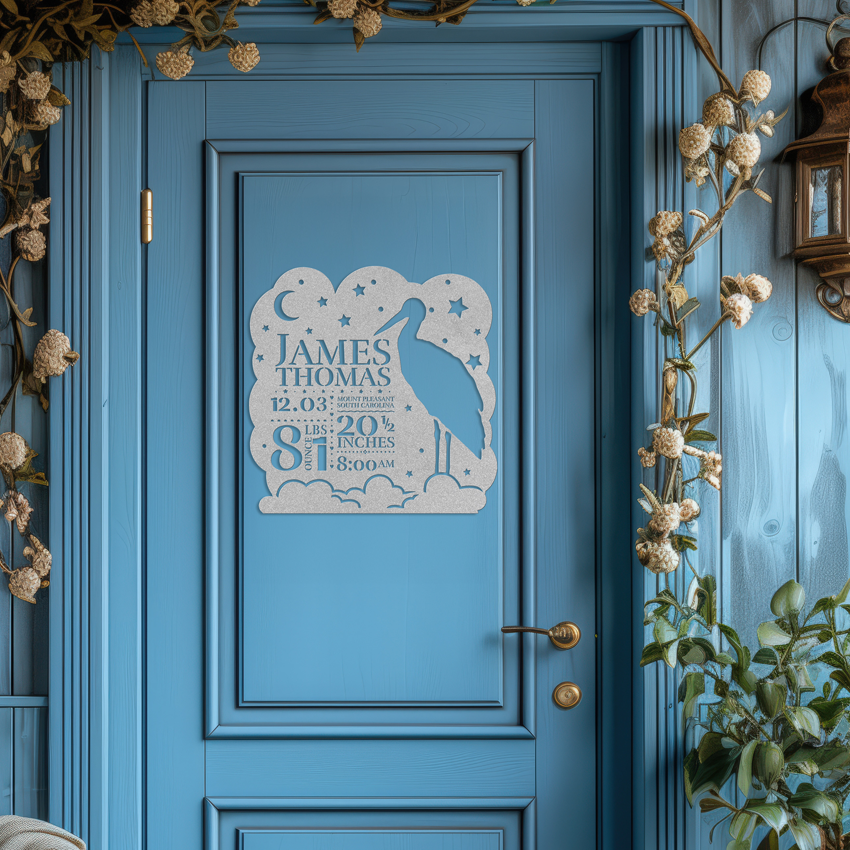 A custom decorative silver plaque with the name 'James Thomas' and birth details, mounted on a door frame to a playroom, featuring a starry night design.